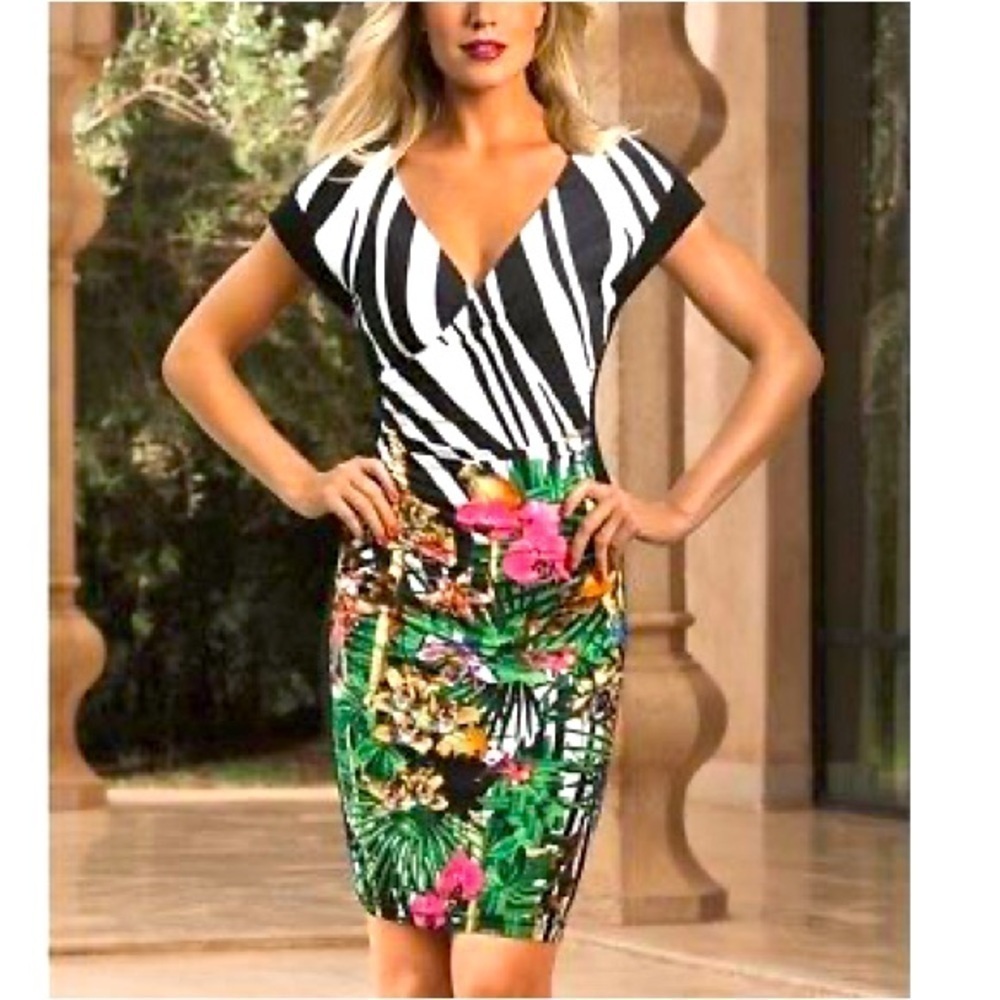 Joseph Ribkoff Zebra‎ Tropical print Jersey V- Neck Bodycon Dress